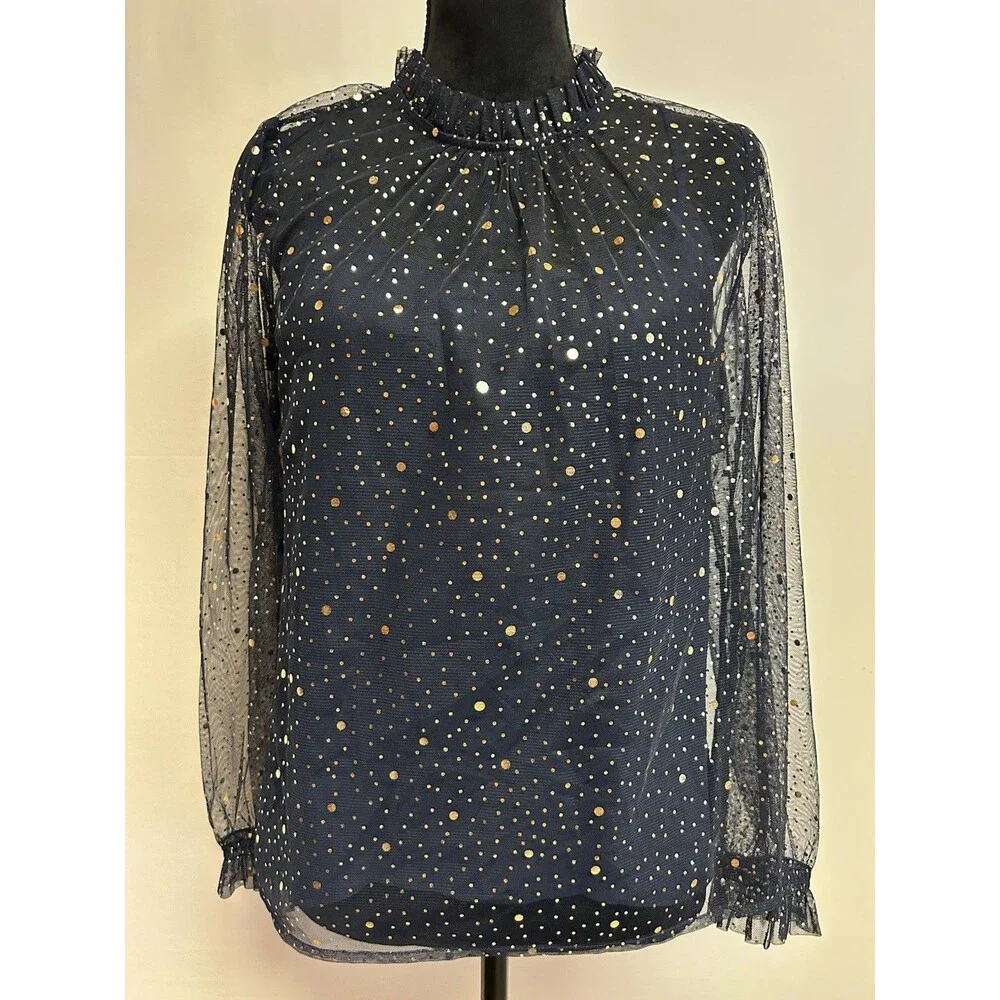 J.Crew Womens S Top Navy Blue Gold Foil Polka Dot Sheer Mesh with Camisole